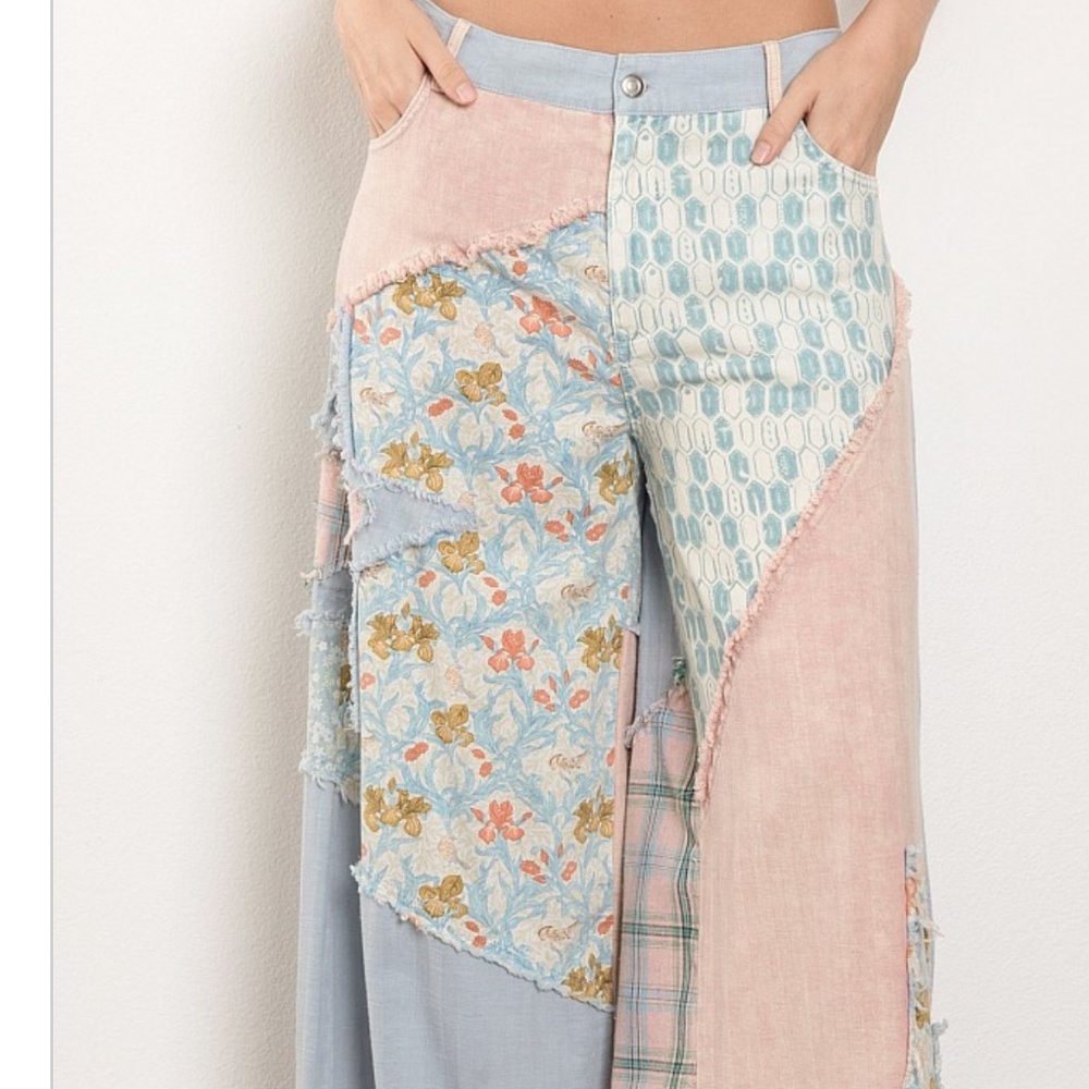 Patchwork Wide Leg Pants in Pastel Pink & Blue - Picture 5 of 7